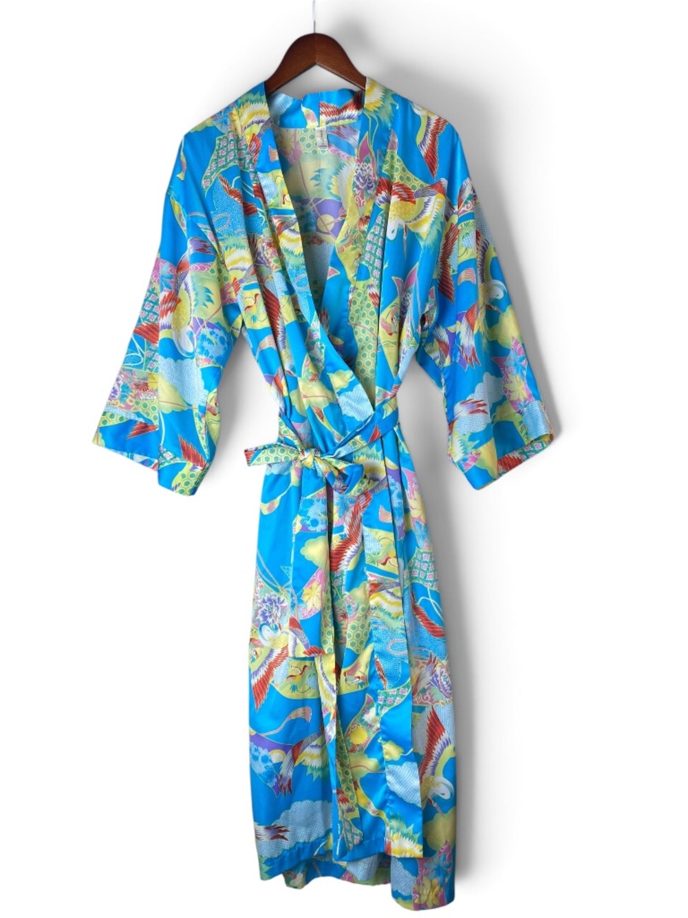 Natori Satin Crane Bird Print Kimono Robe Blue Long Belted Size M